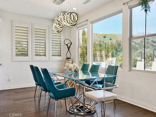Dining room, Interior, Pendant Lights, Recessed Lighting, Wood Texture Flooring