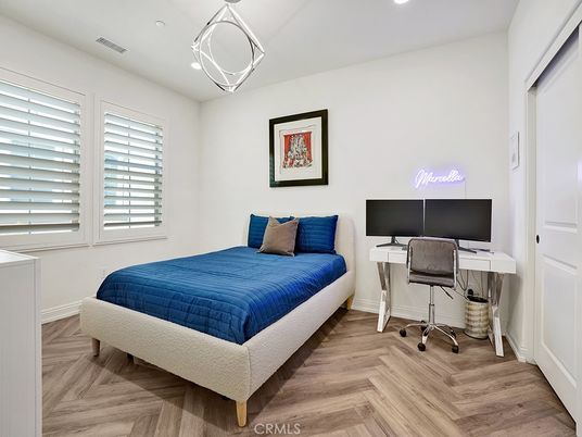 Bedroom, Home Office, Interior, Pendant Lights, Recessed Lighting, Wood Texture Flooring