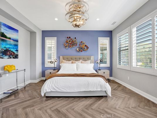 Bedroom, Interior, Pendant Lights, Recessed Lighting, Wood Texture Flooring