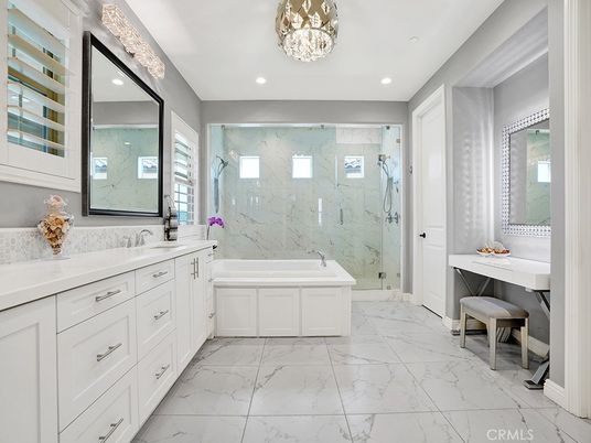 Bathroom, Dual Sink Vanities, Glass Shower, Interior, Marble, Marble Walls, Recessed Lighting
