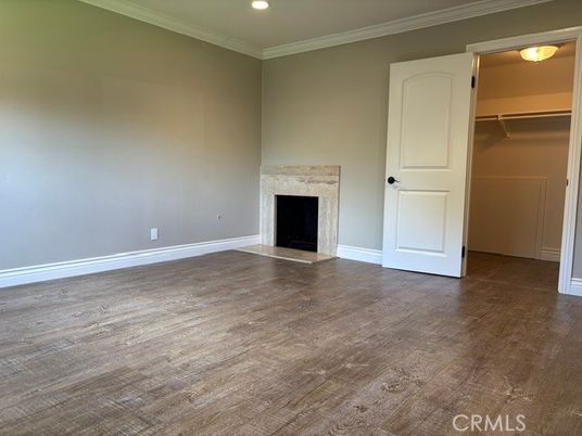 Empty room, Fireplace, Interior, Recessed Lighting, Wood Texture Flooring