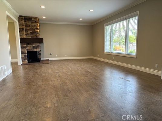 Empty room, Fireplace, Interior, Recessed Lighting, Wood Texture Flooring