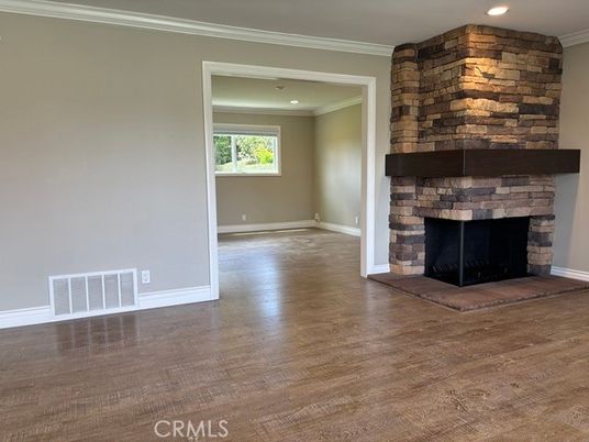 Empty room, Fireplace, Interior, Recessed Lighting, Wood Texture Flooring