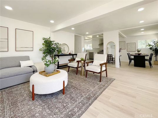 Dining room, Interior, Living room, Recessed Lighting, Wood Texture Flooring