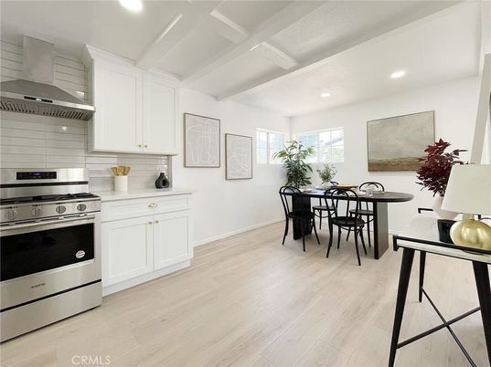 Dining room, Interior, Kitchen, Recessed Lighting, Stainless Steel Appliances, Wood Texture Flooring