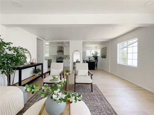 Dining room, Interior, Kitchen, Living room, Recessed Lighting, Wood Texture Flooring