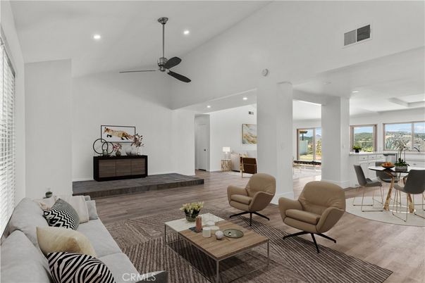 Dining room, Interior, Living room, Recessed Lighting, Wood Texture Flooring