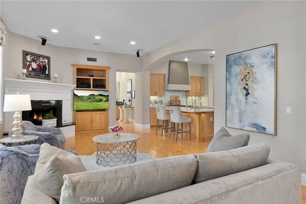 Fireplace, Interior, Kitchen, Living room, Recessed Lighting, Wood Texture Flooring