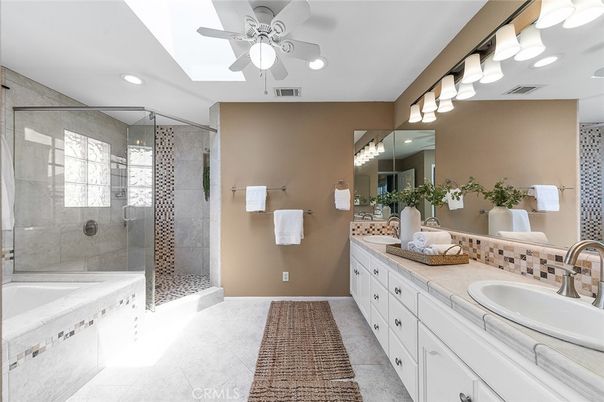 Bathroom, Dual Sink Vanities, Glass Shower, Interior, Recessed Lighting, Tile Countertops
