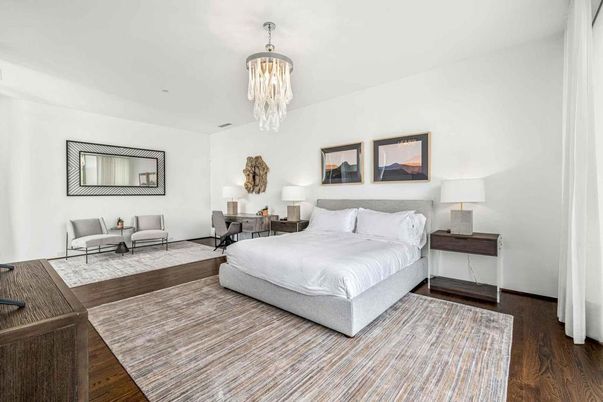Bedroom, Chandelier, Interior, Wood Texture Flooring