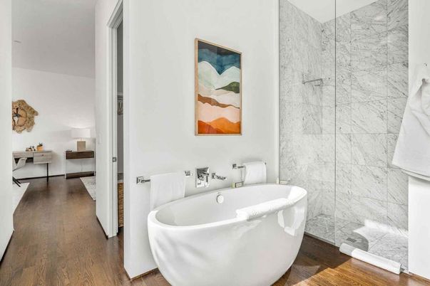 Bathroom, Free Standing Baths, Glass Shower, Interior, Marble Walls, Wood Texture Flooring