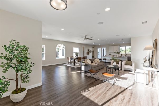 Dining room, Interior, Living room, Recessed Lighting, Wood Texture Flooring