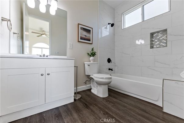 Bathroom, Interior, Marble Walls, Wood Texture Flooring
