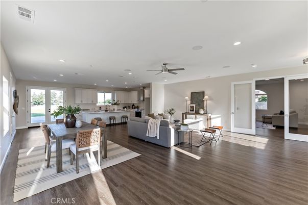 Dining room, Interior, Kitchen, Living room, Recessed Lighting, Wood Texture Flooring