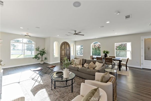 Dining room, Interior, Living room, Recessed Lighting, Wood Texture Flooring