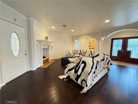 Bedroom, Fireplace, Interior, Recessed Lighting, Wood Texture Flooring