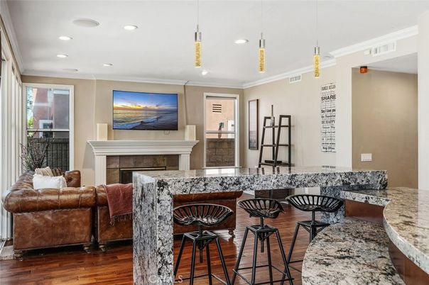 Fireplace, Interior, Living room, Pendant Lights, Recessed Lighting, Wood Texture Flooring
