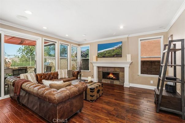 Fireplace, Interior, Living room, Recessed Lighting, Wood Texture Flooring