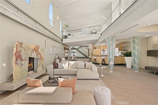 Dining room, Fireplace, Interior, Living room, Recessed Lighting, Wood Texture Flooring