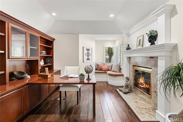 Fireplace, Home Office, Interior, Recessed Lighting, Wood Texture Flooring