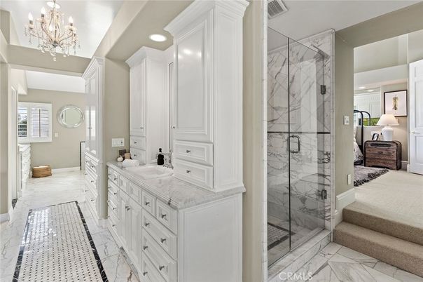 Bathroom, Chandelier, Glass Shower, Interior, Marble, Marble Walls, Recessed Lighting
