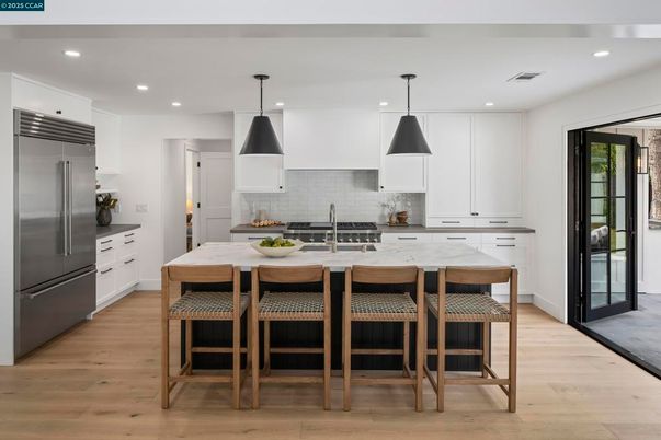 Interior, Kitchen, Pendant Lights, Recessed Lighting, Stainless Steel Appliances, Wood Texture Flooring