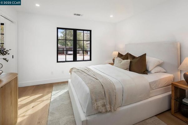 Bedroom, Interior, Recessed Lighting, Wood Texture Flooring