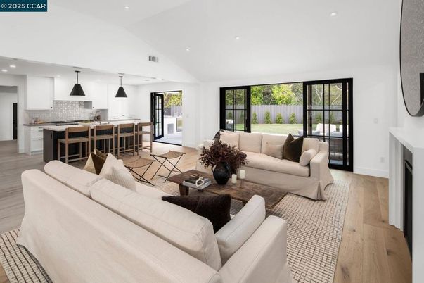 Fireplace, Interior, Kitchen, Living room, Pendant Lights, Recessed Lighting, Wood Texture Flooring