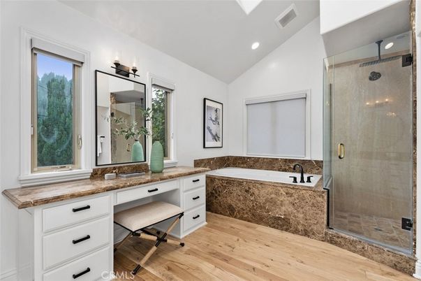 Bathroom, Glass Shower, Interior, Recessed Lighting, Wood Texture Flooring