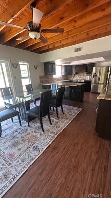 Dining room, Interior, Kitchen, Stainless Steel Appliances, Wooden Beams, Wooden Ceilings, Wood Texture Flooring