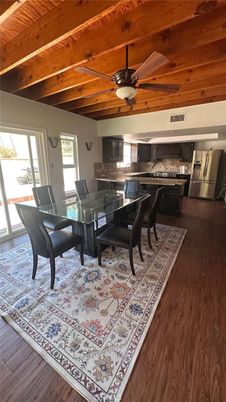 Dining room, Interior, Kitchen, Stainless Steel Appliances, Wooden Beams, Wooden Ceilings, Wood Texture Flooring