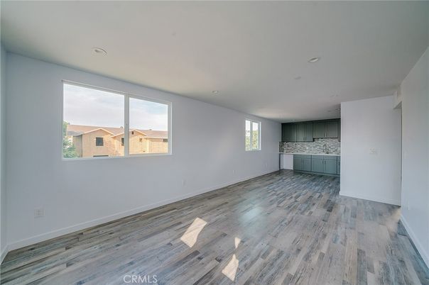 Empty room, Interior, Kitchen, Recessed Lighting, Wood Texture Flooring