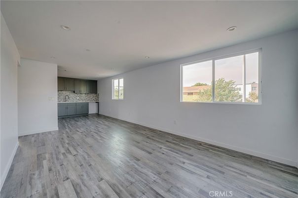 Empty room, Interior, Kitchen, Recessed Lighting, Wood Texture Flooring