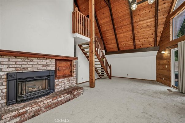 Empty room, Fireplace, Interior, Pendant Lights, Wooden Beams, Wooden Ceilings