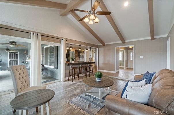 Interior, Living room, Pendant Lights, Recessed Lighting, Wooden Beams, Wood Texture Flooring