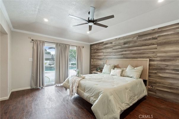 Bedroom, Interior, Recessed Lighting, Wood Texture Flooring, Wooden Walls