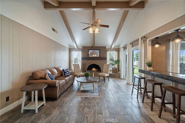 Fireplace, Interior, Living room, Pendant Lights, Wooden Beams, Wood Texture Flooring