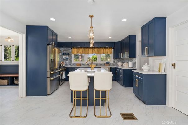 Interior, Kitchen, Marble, Pendant Lights, Recessed Lighting, Stainless Steel Appliances