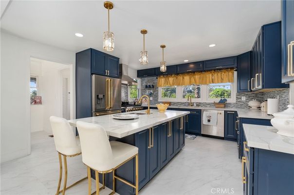 Interior, Kitchen, Marble, Pendant Lights, Recessed Lighting, Stainless Steel Appliances