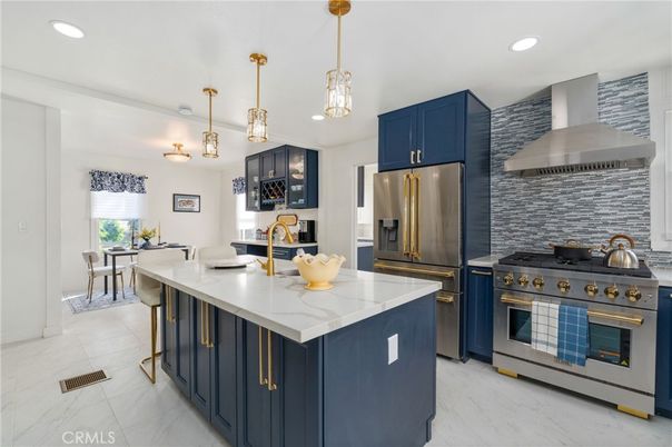 Interior, Kitchen, Marble, Pendant Lights, Recessed Lighting, Stainless Steel Appliances