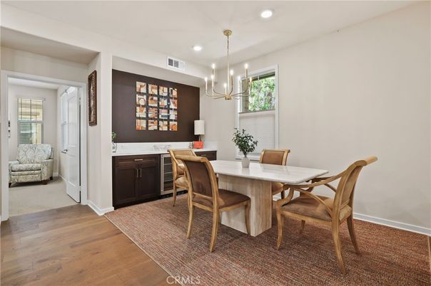 Dining room, Interior, Pendant Lights, Recessed Lighting, Wood Texture Flooring