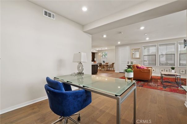 Home Office, Interior, Living room, Pendant Lights, Recessed Lighting, Wood Texture Flooring