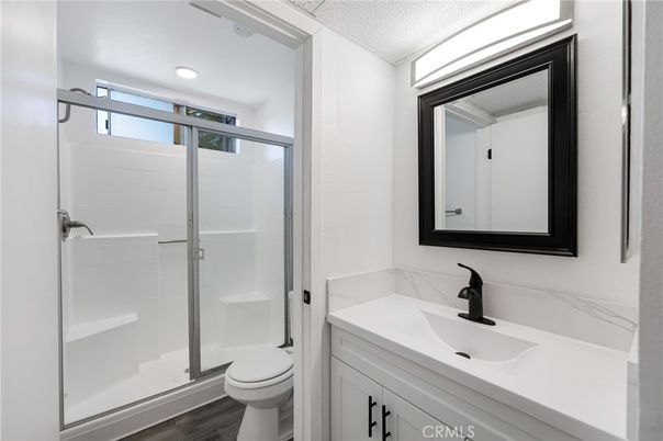 Bathroom, Glass Shower, Interior, Recessed Lighting, Wood Texture Flooring
