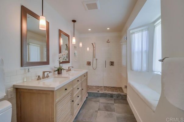 Bathroom, Dual Sink Vanities, Glass Shower, Interior, Pendant Lights, Recessed Lighting