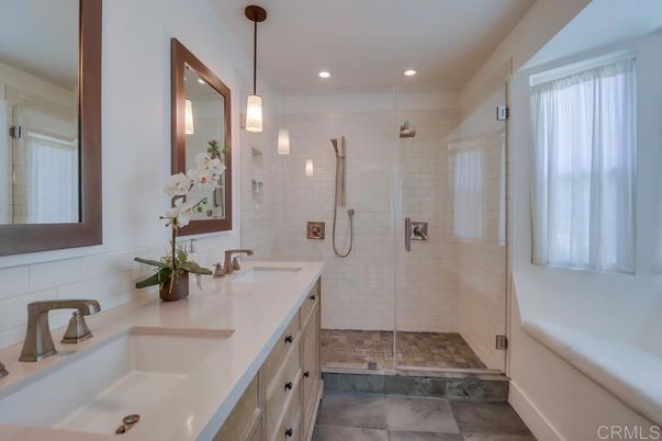 Bathroom, Dual Sink Vanities, Glass Shower, Interior, Pendant Lights, Recessed Lighting