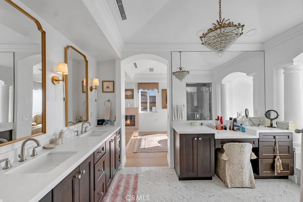 Bathroom, Dual Sink Vanities, Fireplace, Interior, Pendant Lights, Wood Texture Flooring
