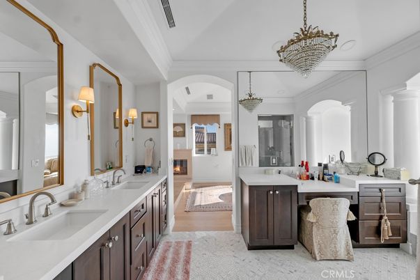 Bathroom, Dual Sink Vanities, Fireplace, Interior, Pendant Lights, Wood Texture Flooring
