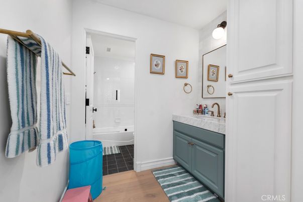 Bathroom, Glass Shower, Interior, Wood Texture Flooring