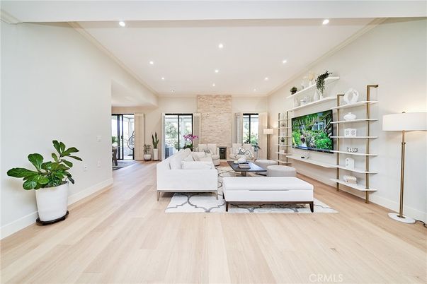 Interior, Living room, Recessed Lighting, Stone Walls, Wood Texture Flooring