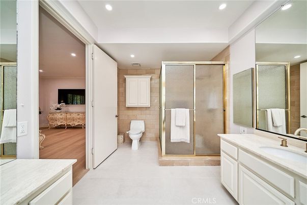 Bathroom, Glass Shower, Interior, Recessed Lighting, Wood Texture Flooring